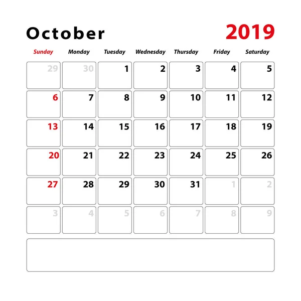 Hoja Calendario Para Mes Octubre 2019 Espacio Para Notas Texto — Archivo Imágenes Vectoriales