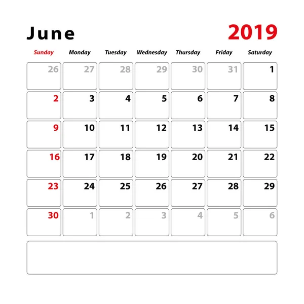 Hoja Calendario Para Mes Junio 2019 Espacio Para Notas Texto — Archivo Imágenes Vectoriales