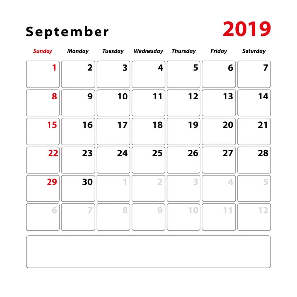 Hoja Calendario Para Mes Septiembre 2019 Espacio Para Notas Texto — Archivo Imágenes Vectoriales