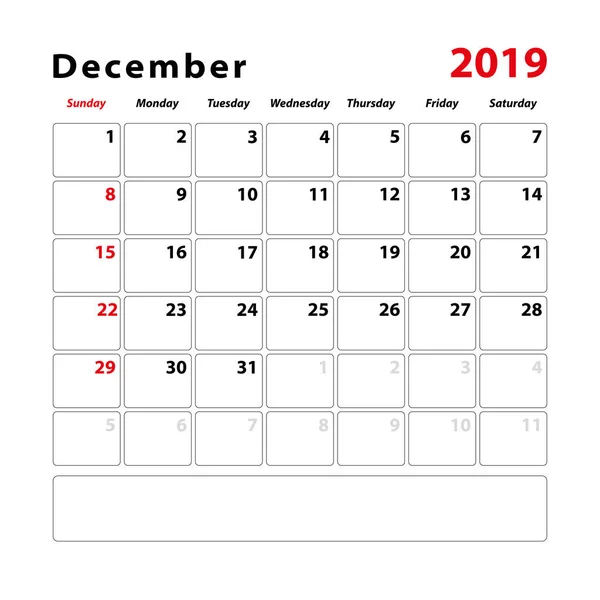 Hoja Calendario Para Mes Diciembre 2019 Espacio Para Notas Texto — Vector de stock