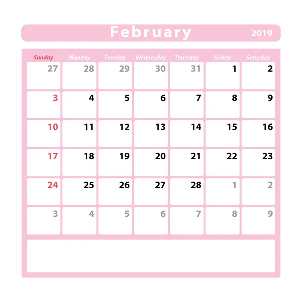 Hoja Calendario Para Mes Febrero 2019 Espacio Para Notas Texto — Archivo Imágenes Vectoriales