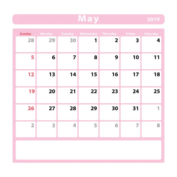 Hoja Calendario Para Mes Mayo 2019 Espacio Para Notas Texto — Archivo Imágenes Vectoriales