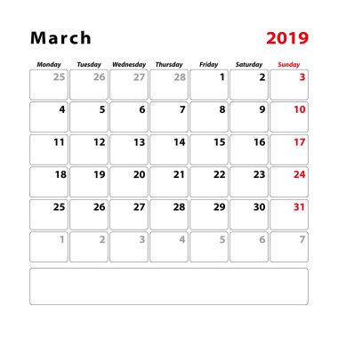 Takvim planlayıcısı Sayfa 2019 Mart ayı için hafta Pazar günü başlar. Vektör çizim.