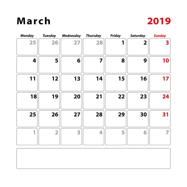 Hoja Planificación Del Calendario Para Mes Marzo 2019 Semana Comienza — Archivo Imágenes Vectoriales