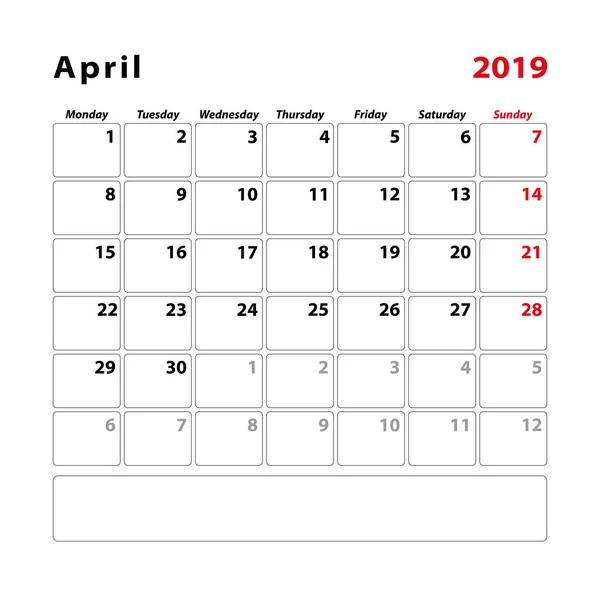 Hoja Planificación Del Calendario Para Mes Abril 2019 Semana Comienza — Archivo Imágenes Vectoriales