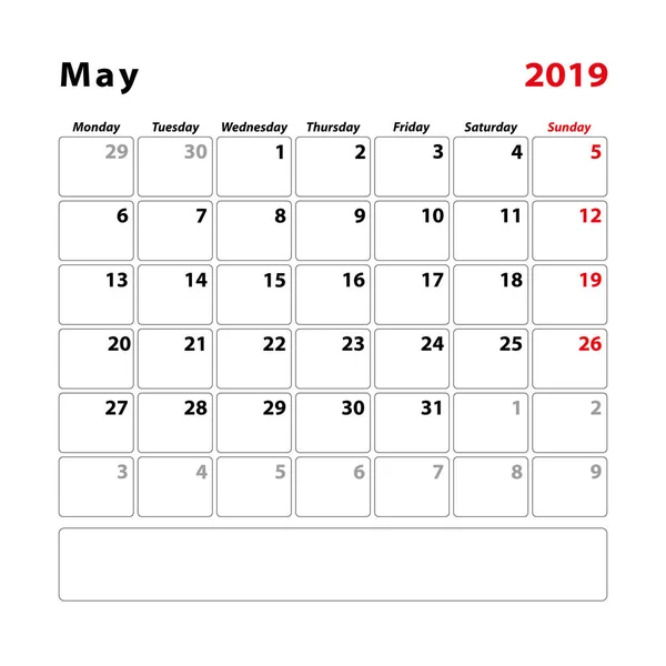 Hoja Planificación Del Calendario Para Mes Mayo 2019 Semana Comienza — Archivo Imágenes Vectoriales