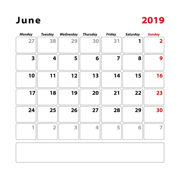 Hoja Planificación Del Calendario Para Mes Junio 2019 Semana Comienza — Archivo Imágenes Vectoriales