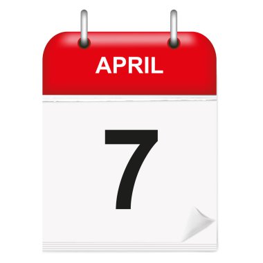 Günlük tek yapraklı takvim, kırmızı omurga, 3D, Nisan ayı, yedinci, 7, 7th. Vektör, çizim