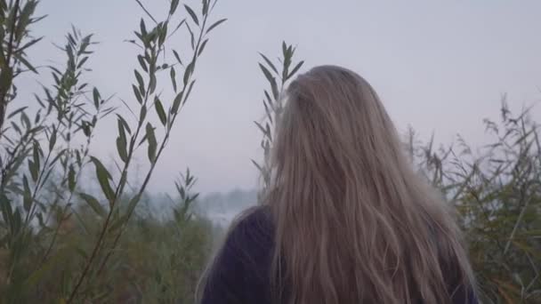 Una giovane donna cammina sullo sfondo del lago tra erba verde molto alta — Video Stock