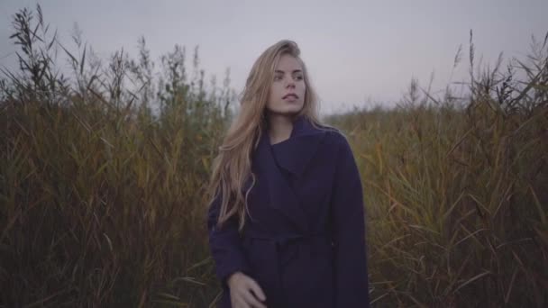 Žena chodí přímo mezi vysoké trávy podél mola v kabátě — Stock video