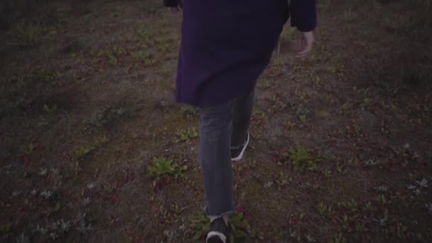 Vrouw in sneakers loopt langzaam door het gras — Stockvideo