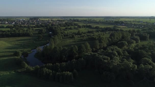 Vista aérea contra el bosque con ríos y un pueblo — Vídeos de Stock