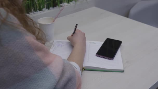 Jonge mooie vrouw met rood haar zit in een café en schrijft in een notebook — Stockvideo