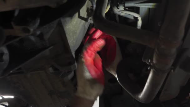 Carro mecânico repara um carro em um elevador — Vídeo de Stock