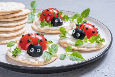 Komik Ladybird Snack meze ile domates kraker üzerinde