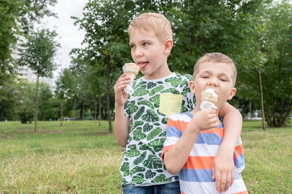 Grappige kinderen kids jongetjes eten van ijs — Stockfoto