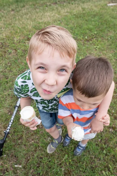 Αστεία Παιδιά Παιδιά Μικρά Αγόρια Που Τρώει Παγωτό Χωνάκι Ένα — Φωτογραφία Αρχείου