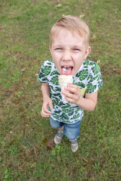 面白い子供子供男の子アイスクリームを食べる — ストック写真