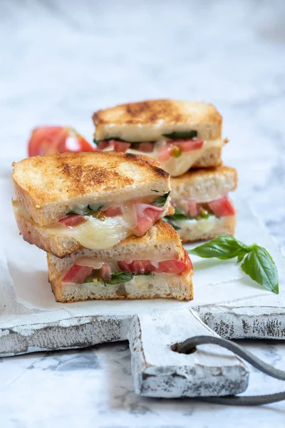 Grillattua juustoa caprese panini tomaatti, mozzarella ja basilika — kuvapankkivalokuva