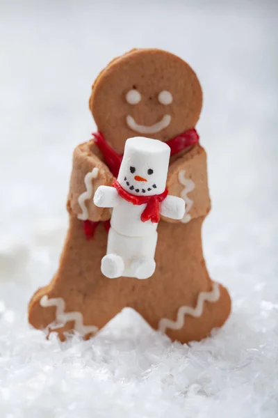 有趣的姜饼饼干男人与可爱的棉花糖雪人 — 图库照片