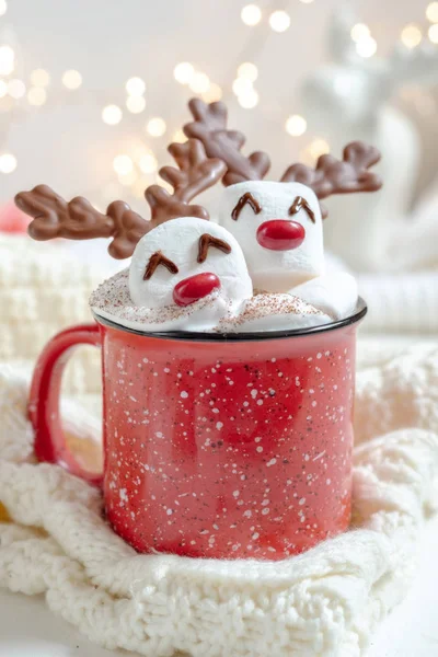 Chocolate quente com rena de marshmallow derretida — Fotografia de Stock