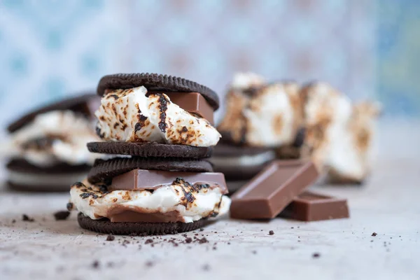 Marshmallow smores com biscoitos de chocolate — Fotografia de Stock