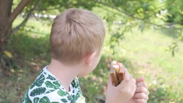 mignon gamin dehors manger un sandwich 