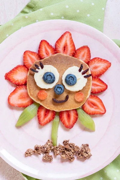 Funny Flower Pancake with berries for kids — Stock Photo, Image