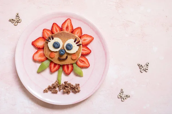 Funny Flower Pancake with berries for kids — Stock Photo, Image