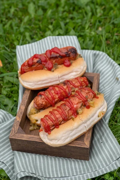 Gegrillte Hot Dogs mit Ketchup und Genuss auf einem Picknicktisch — Stockfoto