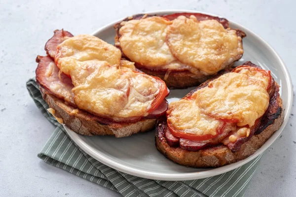 Baked open sandwich with ham, tomato and cheese — Stock Photo, Image