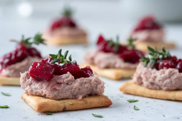 Cracker mit Pastete und Preiselbeersoße — Stockfoto