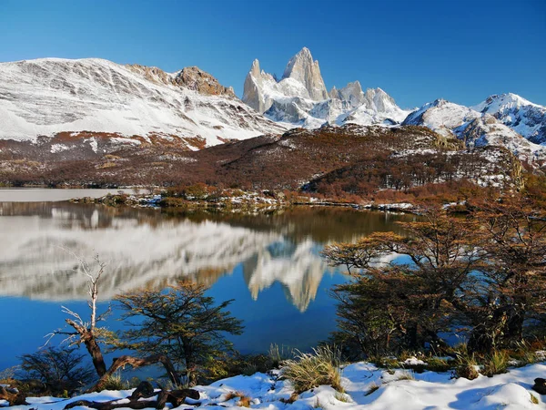 Serve Roy Montanhas Nevadas Floresta Outono Patagônia — Fotografia de Stock