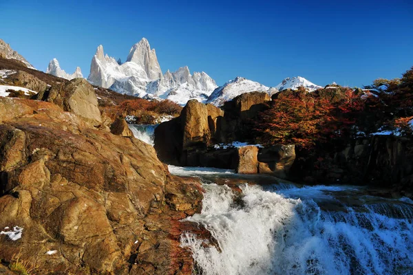Fit Roy Besneeuwde Bergen Herfst Bos Patagonië — Stockfoto