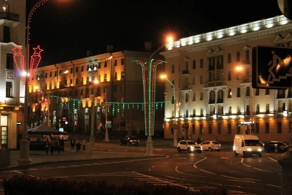 Die Hauptstadt Der Republik Weißrussland Minsk Unabhängigkeitsallee Siegesplatz Nachtsicht — Stockfoto