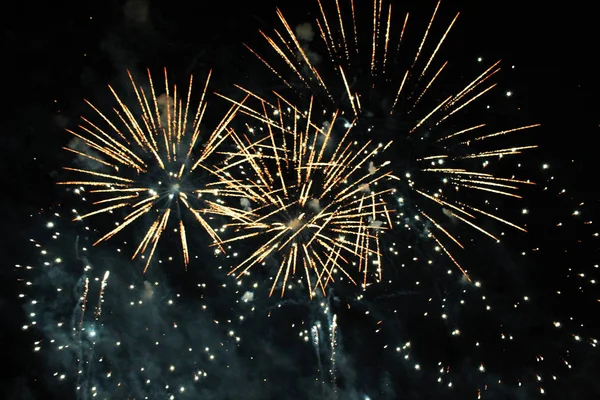 Hermosos Fuegos Artificiales Cielo Nocturno Ramo Luces Azules Amarillas Celebrando — Foto de Stock