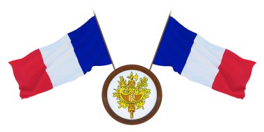 Ulusal bayrak ve Fransa arması. Editörler ve tasarımcılar için arka plan. Ulusal tatil. 3D çizim.