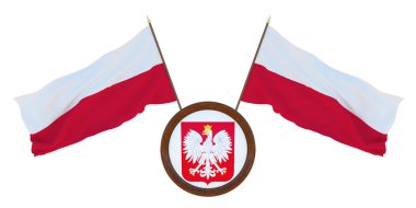 Ulusal bayrak ve Polonya arması. Editörler ve tasarımcılar için arka plan. Ulusal tatil. 3D çizim