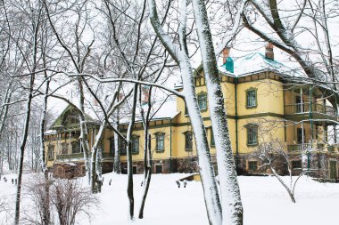Kış. Noel ve yeni yıl. Karlı Aralık güzel eski evde. Kış manzarası