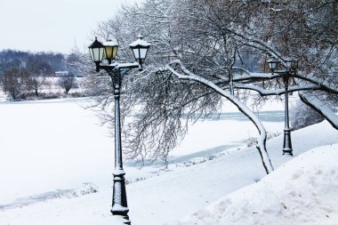 Kış. Noel ve yeni yıl. Küçük kentsel göl icebound. Kış manzarası