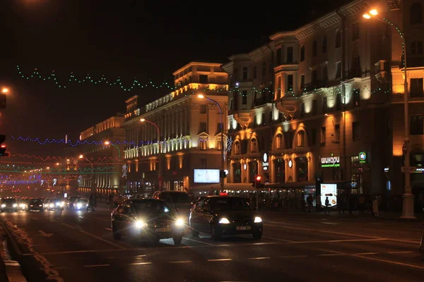 Capitale Della Repubblica Bielorussia Minsk Independence Avenue Vista Notturna — Foto Stock