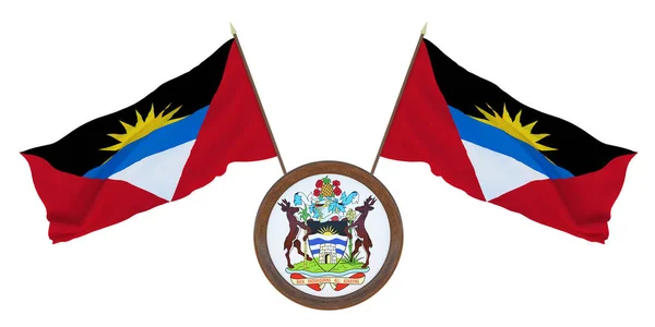 Bandera Nacional Escudo Armas Ilustración Barbuda Antecedentes Con Bandera Antigua —  Fotos de Stock