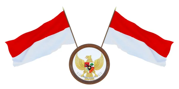 国旗和徽章3D 说明了印度尼西亚 编辑和设计人员的背景 国庆节 — 图库照片