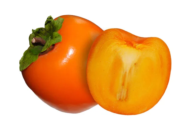 Sappige Persimmon Fruit Met Snij Doormidden Een Afgelegen Witte Pagina — Stockfoto