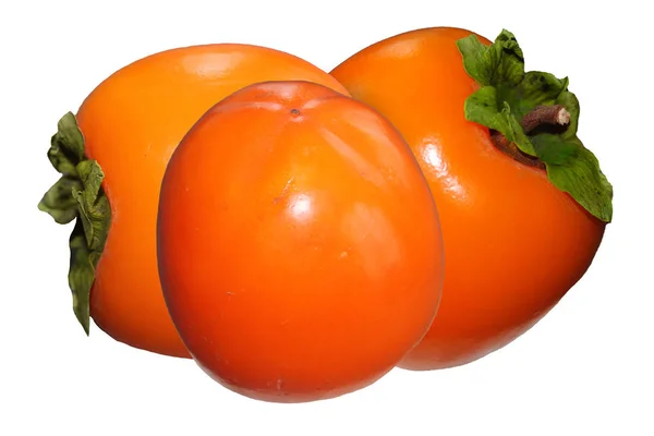 Tres Caquis Frutas Vitaminosas Ardiendo Sobre Fondo Blanco Aislado — Foto de Stock