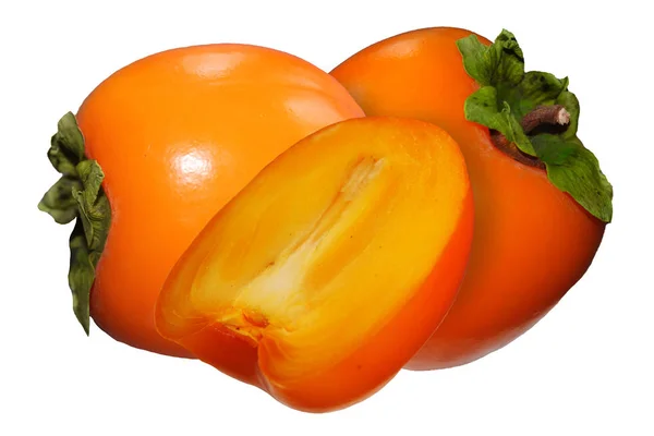 つの全体 新鮮な柿の半分 白い背景に分離 — ストック写真