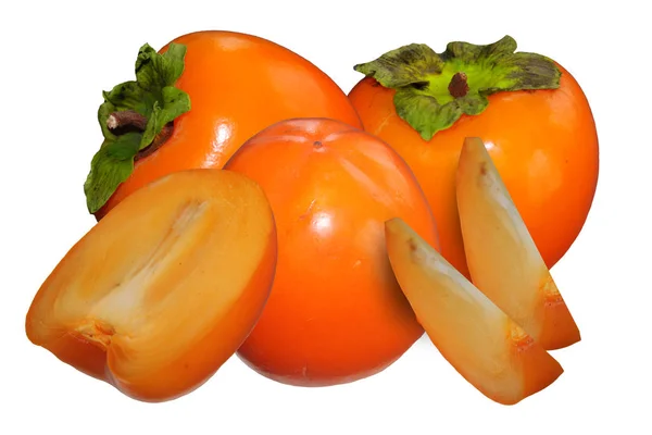 Τέσσερις Νόστιμο Persimmon Φρούτα Ένα Απομονωμένο Άσπρο Φόντο — Φωτογραφία Αρχείου