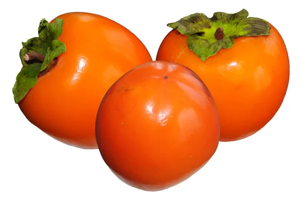 Tres Deliciosas Frutas Caqui Sobre Fondo Blanco Aislado — Foto de Stock