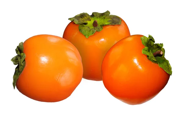 Drie Sappige Persimmon Vruchten Een Afgelegen Witte Achtergrond — Stockfoto