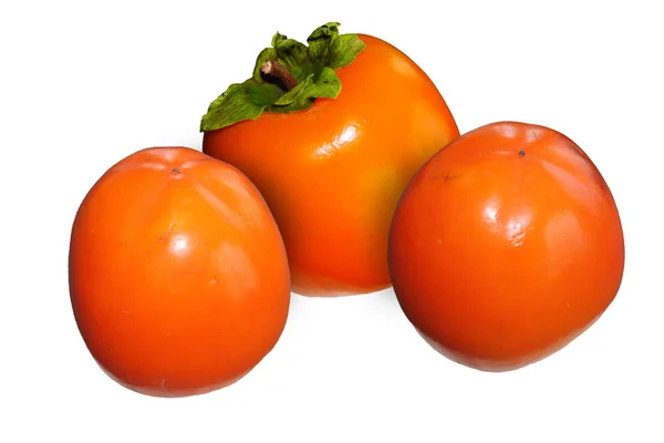 Drie Heerlijke Sappige Persimmon Vruchten Een Afgelegen Witte Achtergrond — Stockfoto